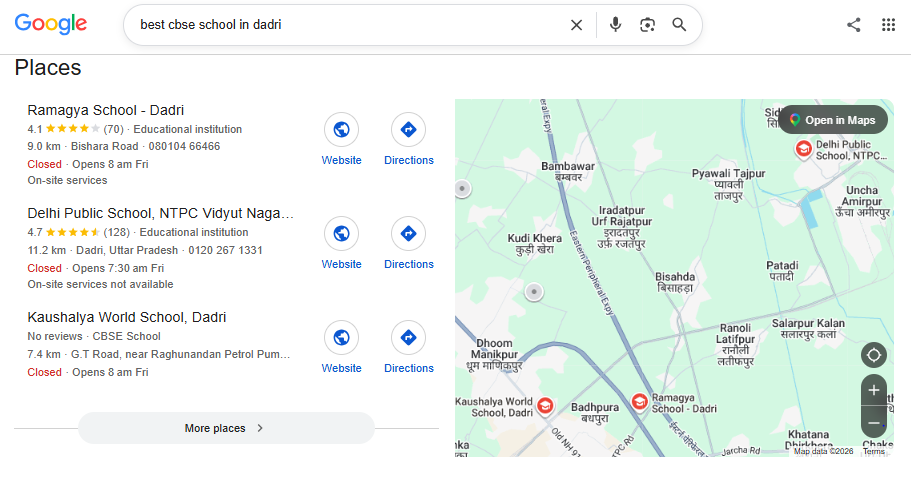 Google search results showing CBSE schools in Dadri